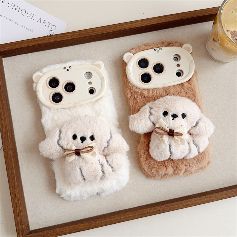 Phone Cases For Iphone 11 - 3D-Cartoon-Bowknot-Welpen-warme, flauschige Plüsch-Handyhülle für iPhone 17,
