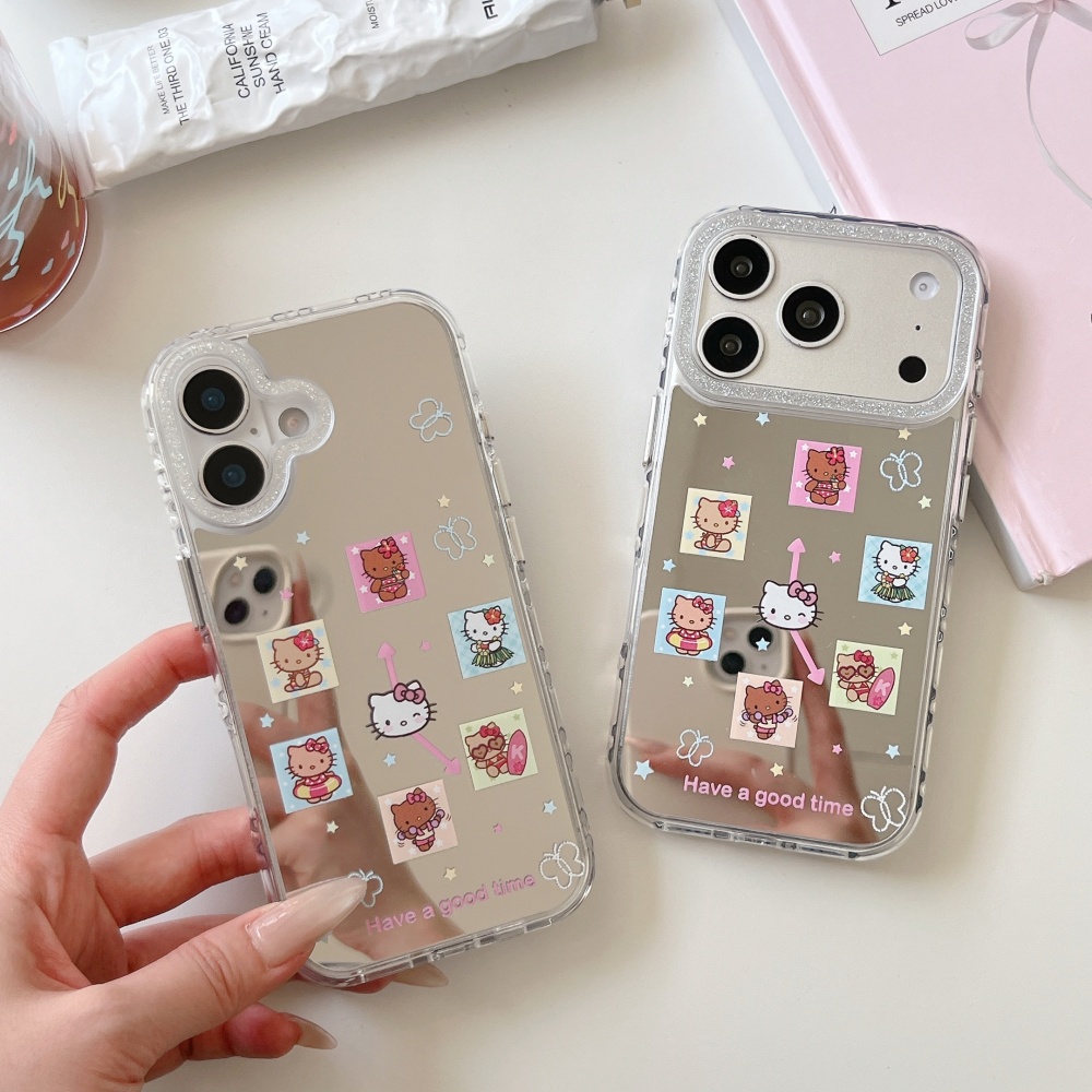 Phone Cases Cool Girl - Niedliche Gitter-Cartoon-Sanrio-Hello-Kitty-Schminkspiegel-Handyhülle für iPhone 15 16