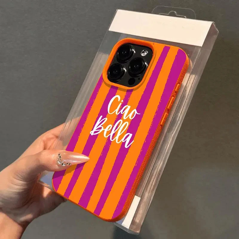 Phone Cases Orange - Orange gestreifte minimalistische Handyhülle mit Lichee-Ledermuster